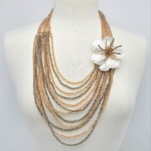 Mother Of Pearl Crystal Glass Beads Multi-Strand Necklace with Floral Accent